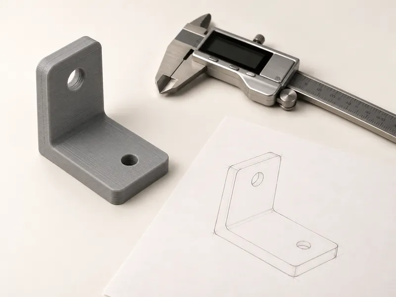 Pieza impresa en 3D junto a un calibre y un boceto