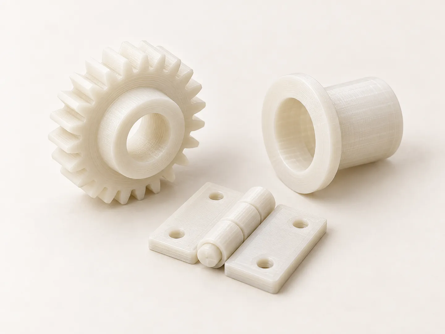 Engranaje, casquillo y bisagra de nylon impresos en 3D