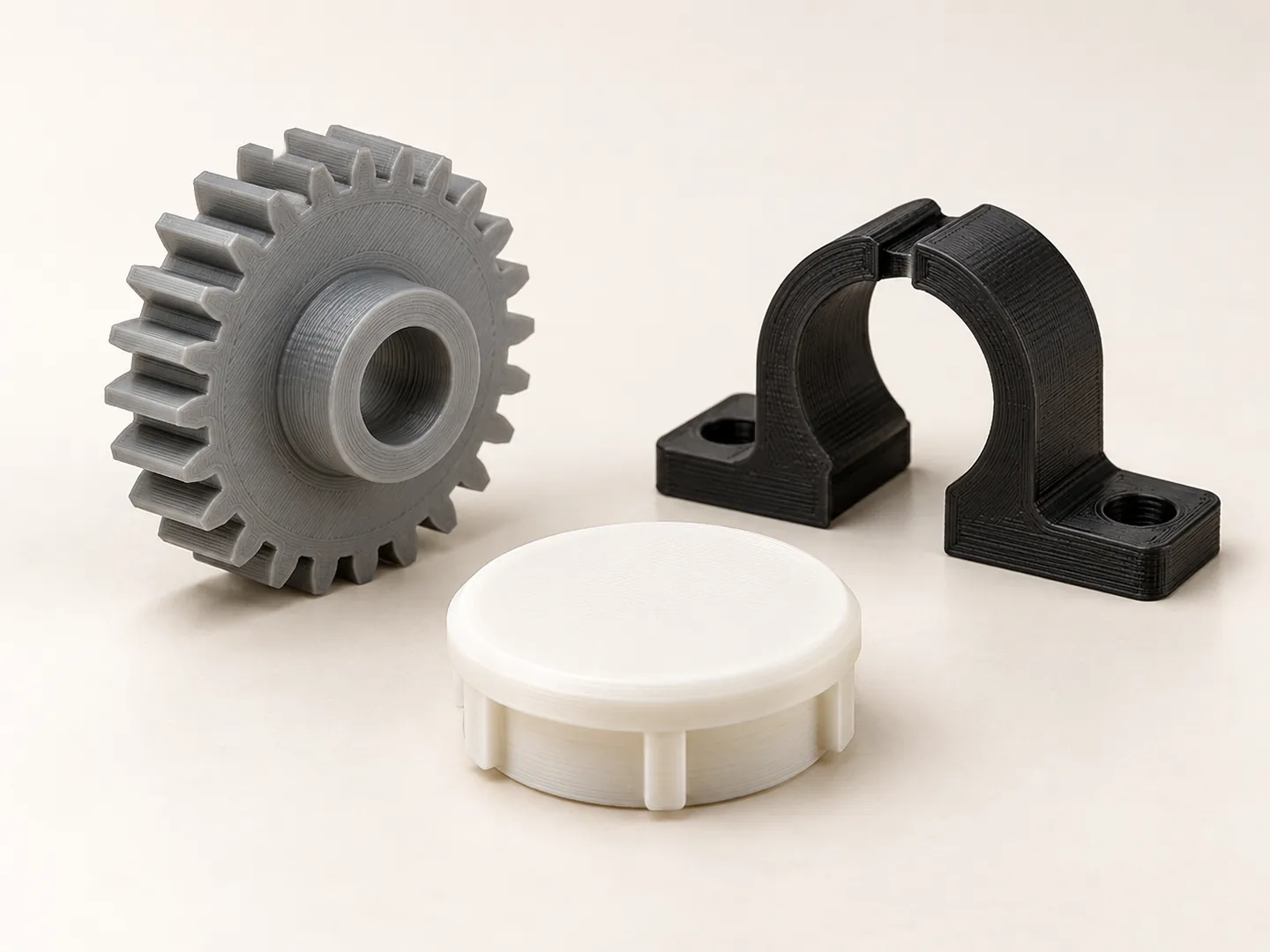 Engranaje, abrazadera y tapa impresos en 3D como repuestos