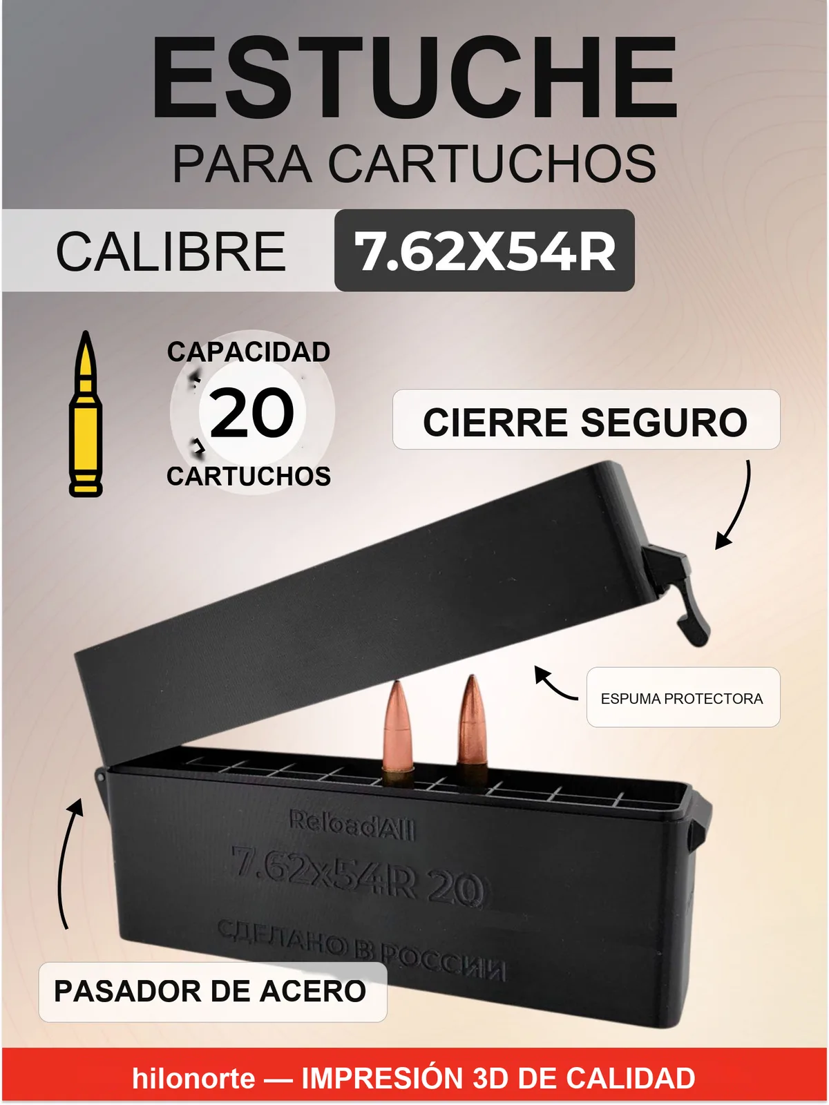 Caja para 20 cartuchos 7,62×54R, culote abajo