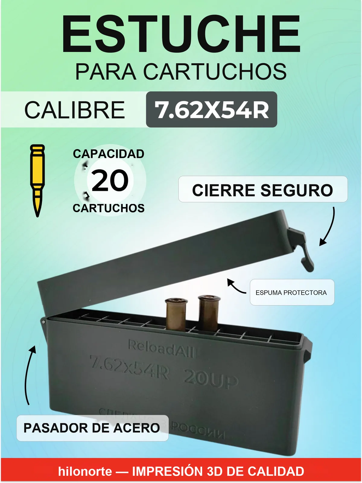 Caja para 20 cartuchos 7,62×54R, culote arriba