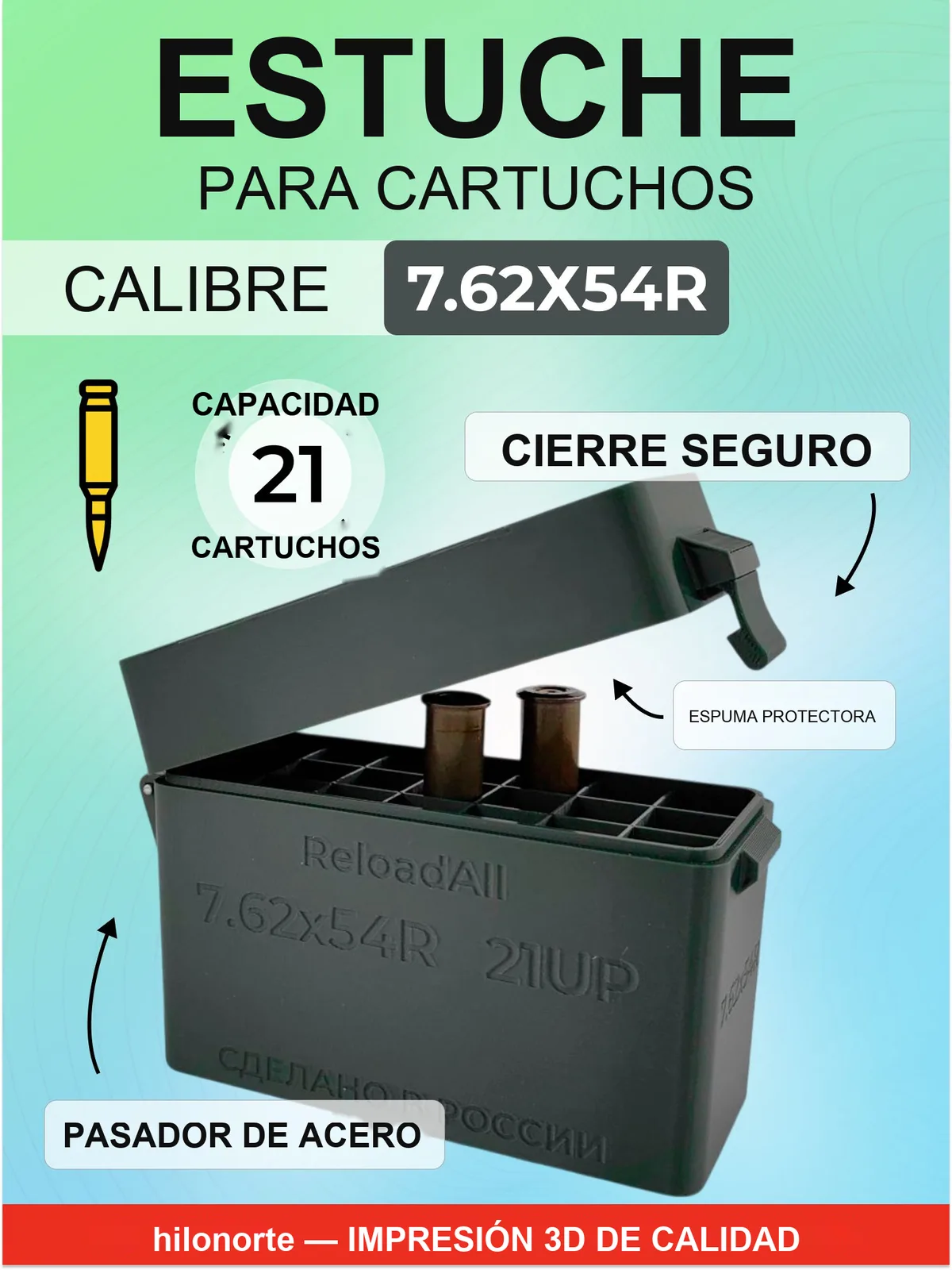 Caja para 21 cartuchos 7,62×54R, culote arriba