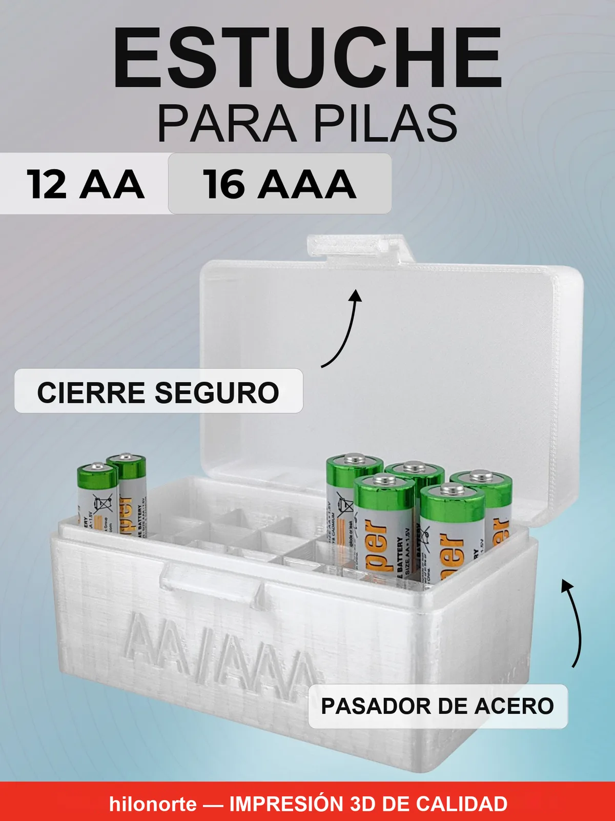 Caja organizadora para 12 pilas AA y 16 AAA
